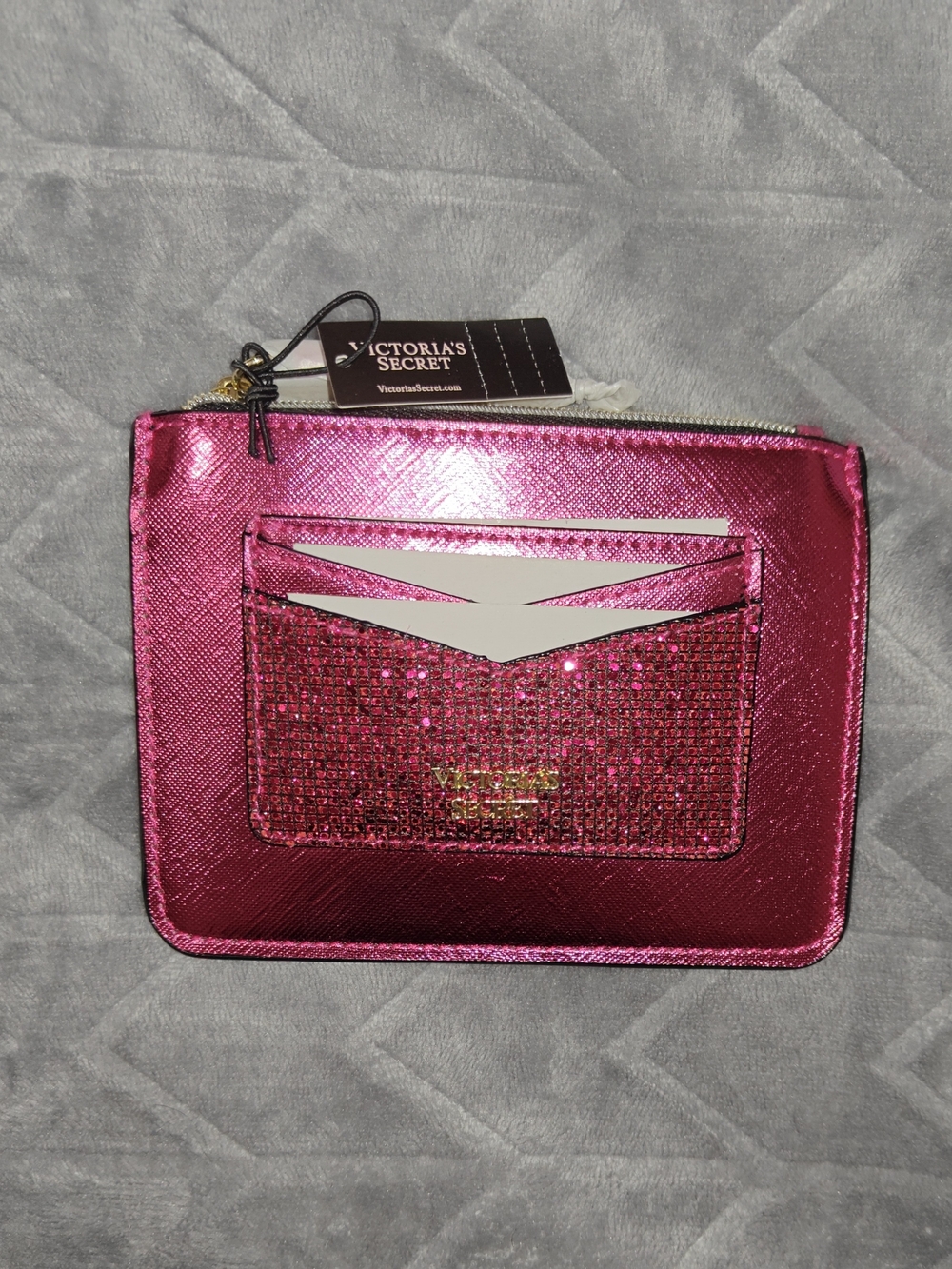 Victoria's Secret Metallic Hot Pink Card Pouch with Glitter